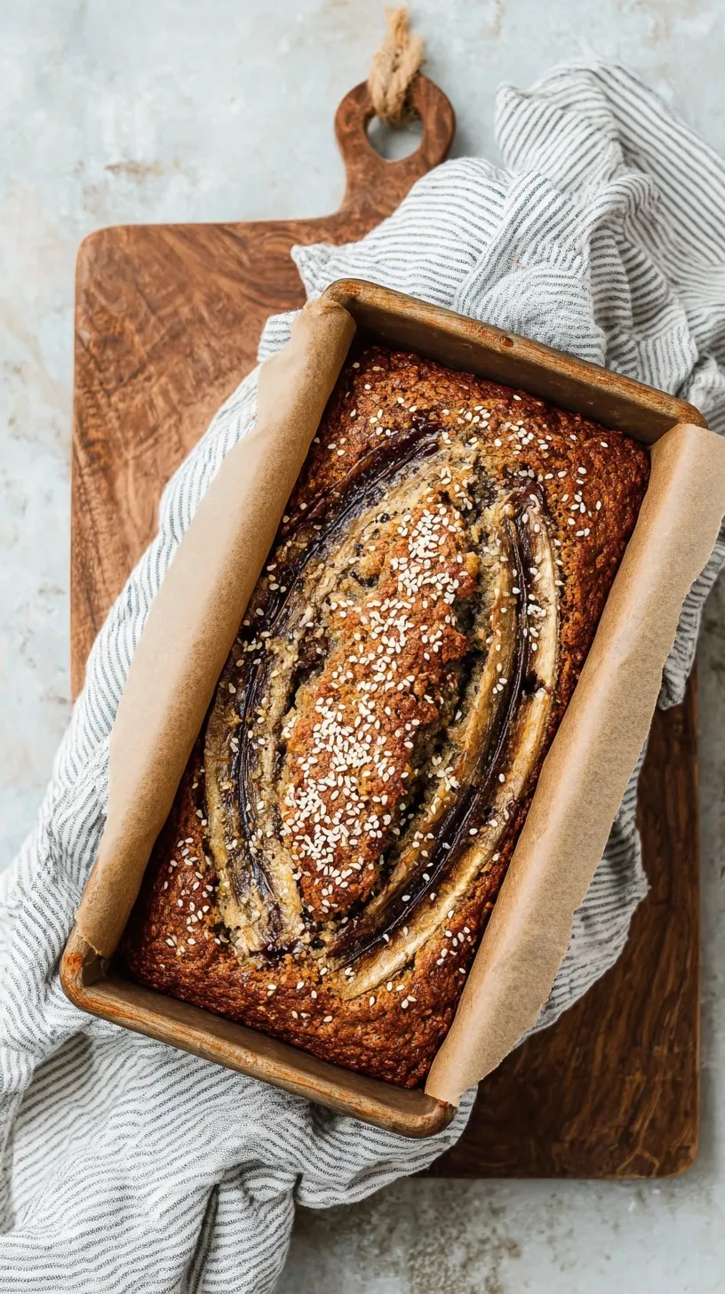 A sliced loaf of Tahini Banana Bread topped with toasted sesame seeds on a wire rack.