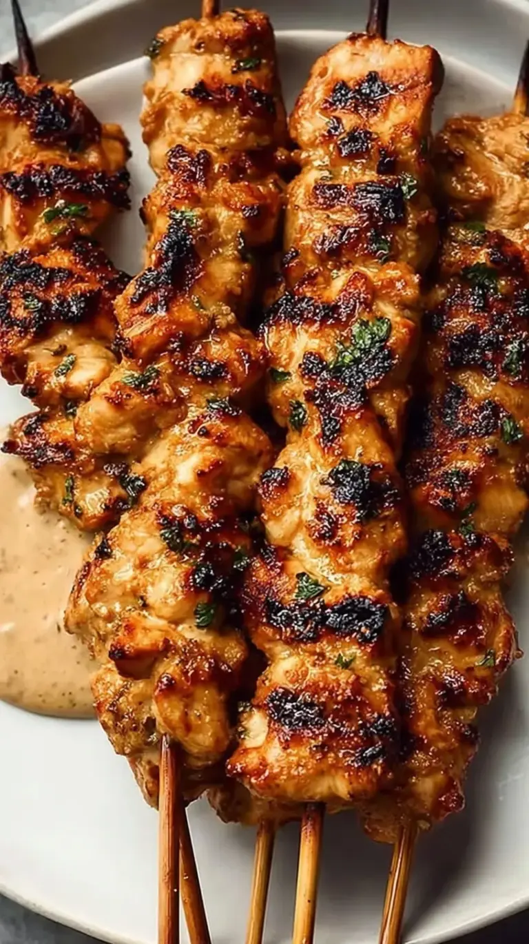 Grilled chicken skewers drizzled with creamy tahini sauce on a white platter.