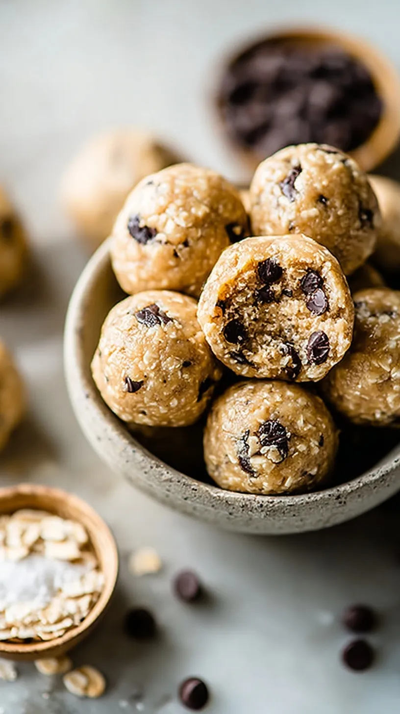 A plate of no-bake tahini chocolate chip protein balls with mini dark chocolate chips and sea salt.