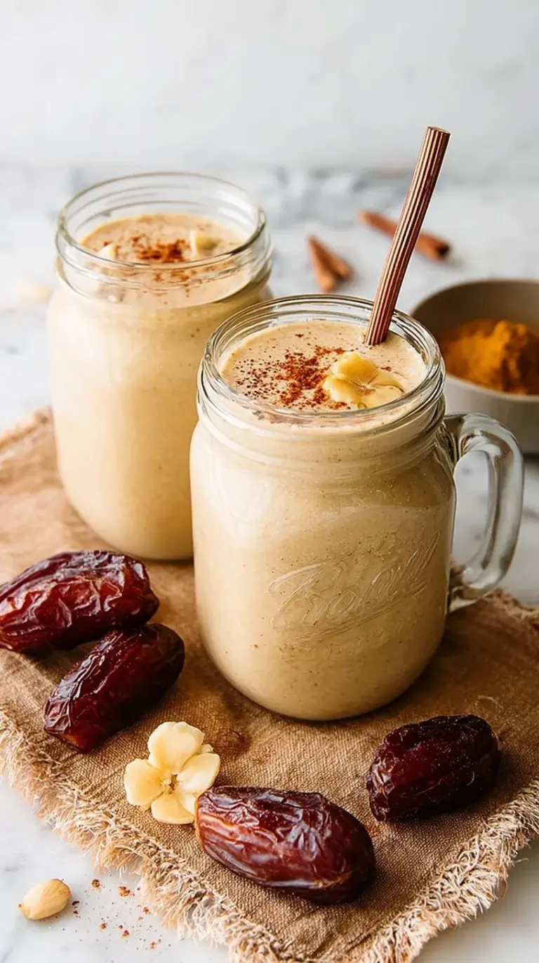 A creamy beige tahini smoothie in a glass topped with a sprinkle of cinnamon and sesame seeds.