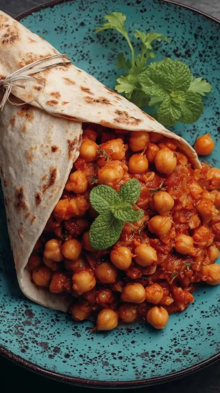 A bowl of dark, earthy Tea Infused Vegan Chana Masala garnished with fresh cilantro