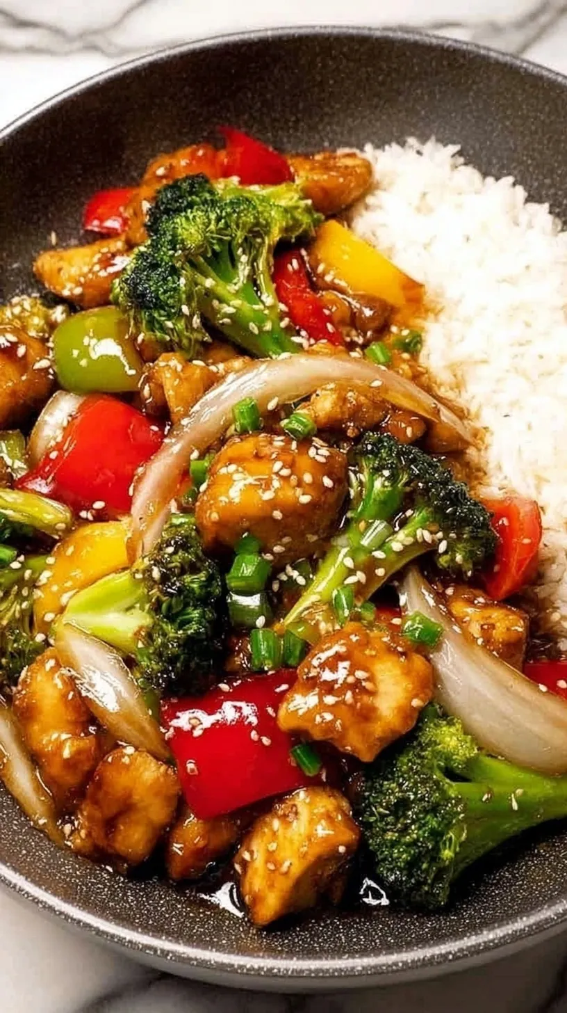A glossy Teriyaki Chicken Stir Fry with broccoli and peppers served in a wok
