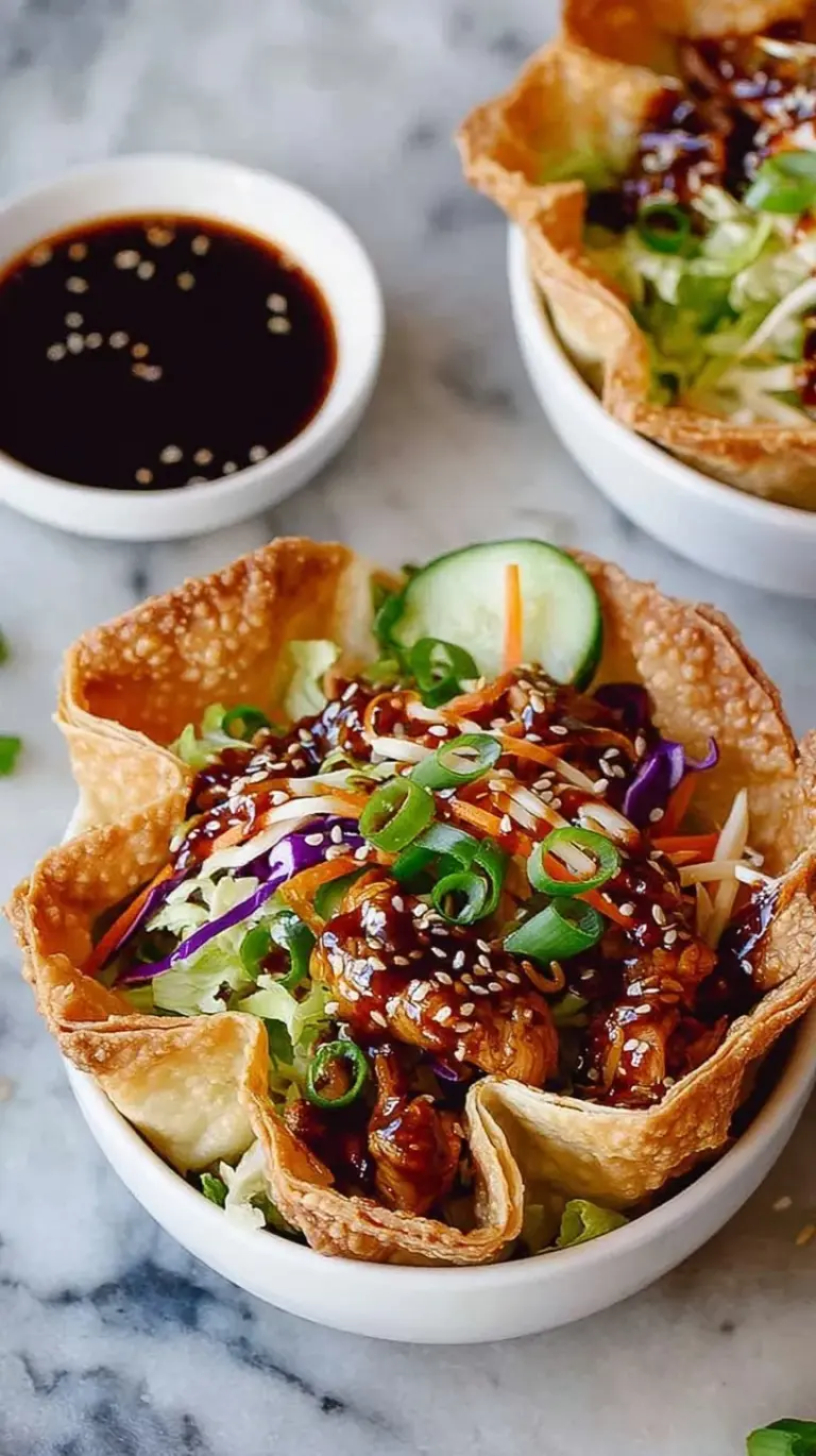 Crispy wonton taco bowls filled with teriyaki chicken and fresh slaw on a platter