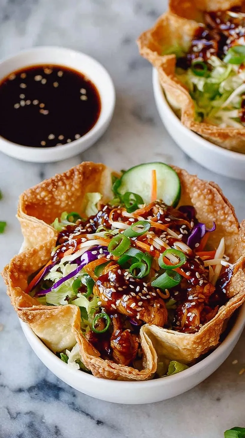 Crispy wonton taco bowls filled with teriyaki chicken and fresh slaw on a platter