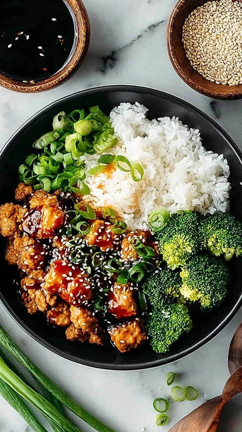 A glossy Teriyaki Ground Turkey Bowl with steamed broccoli and jasmine rice garnished with green onions.
