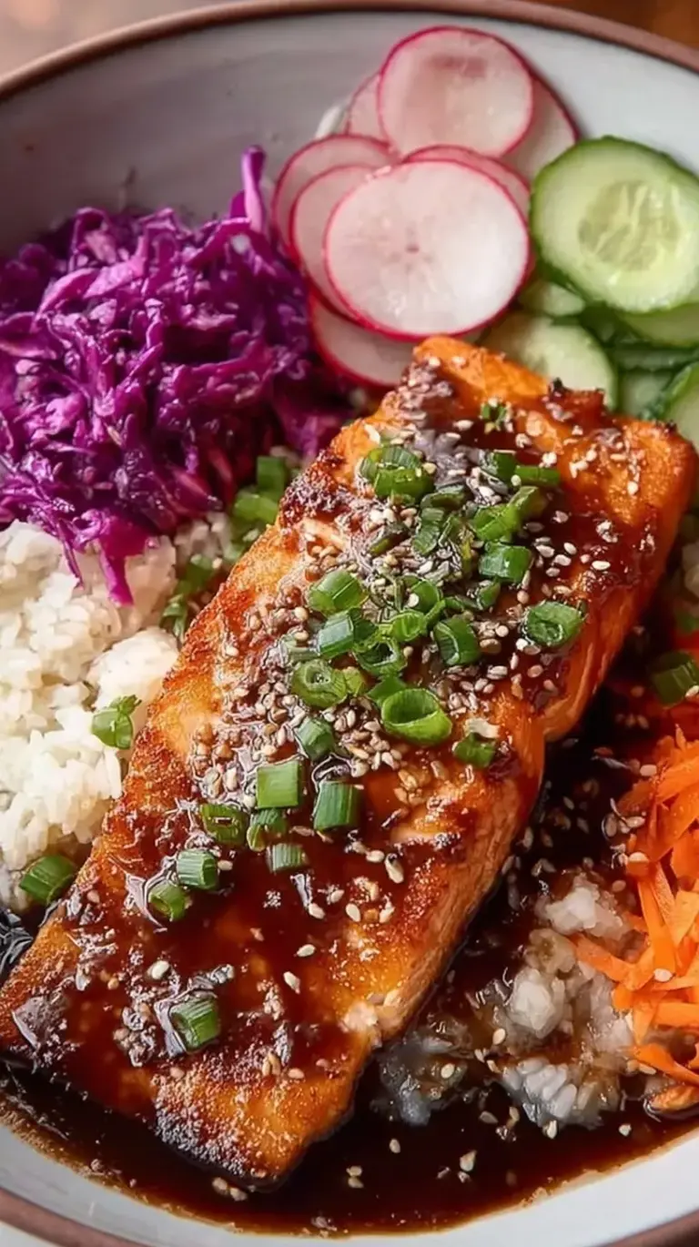 A vibrant Teriyaki Salmon Bowl with crispy skin salmon, steamed broccoli, carrots, and cucumbers over jasmine rice.