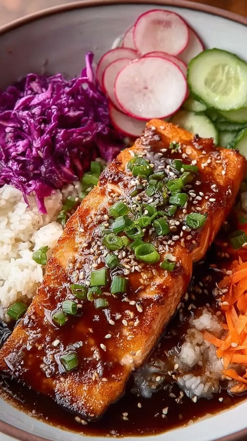 A vibrant Teriyaki Salmon Bowl with crispy skin salmon, steamed broccoli, carrots, and cucumbers over jasmine rice.