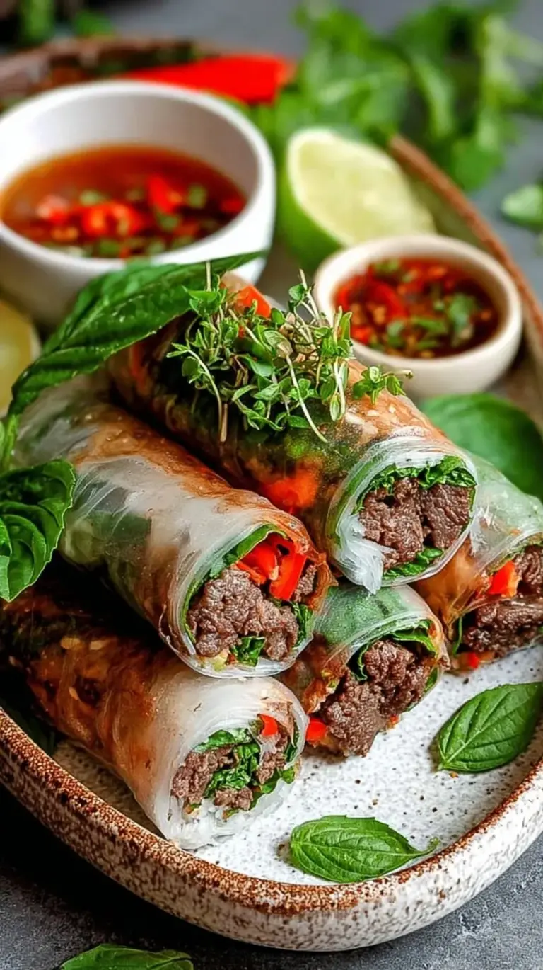 Thinly sliced flank steak rolls filled with Thai basil and red peppers in a glossy soy glaze