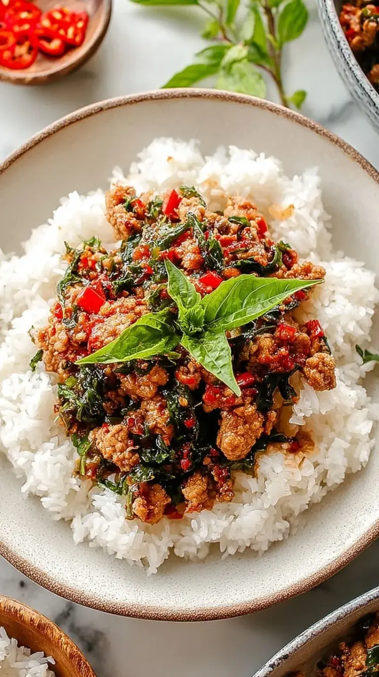 A plate of spicy Thai Basil Chicken served over jasmine rice with a crispy fried egg on top.