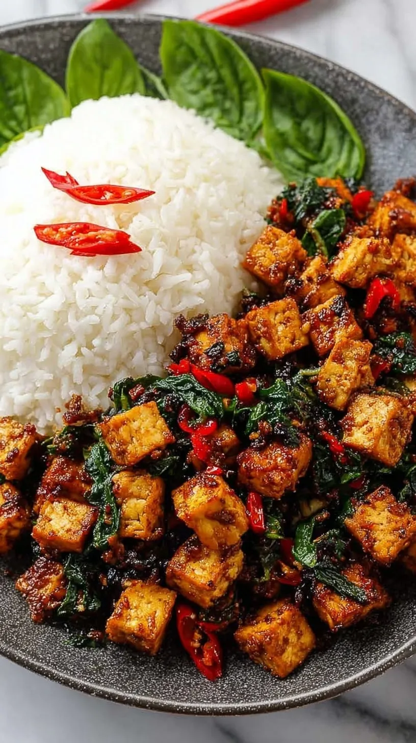 Close up of crispy Thai Basil Tofu with fresh holy basil and red chilies over jasmine rice