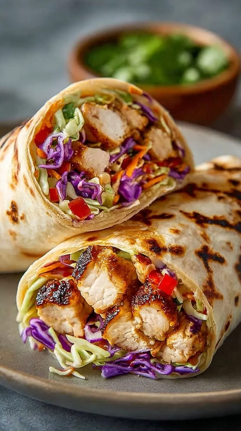 A vibrant Thai Chicken Wrap sliced in half showing crunchy slaw and peanut sauce