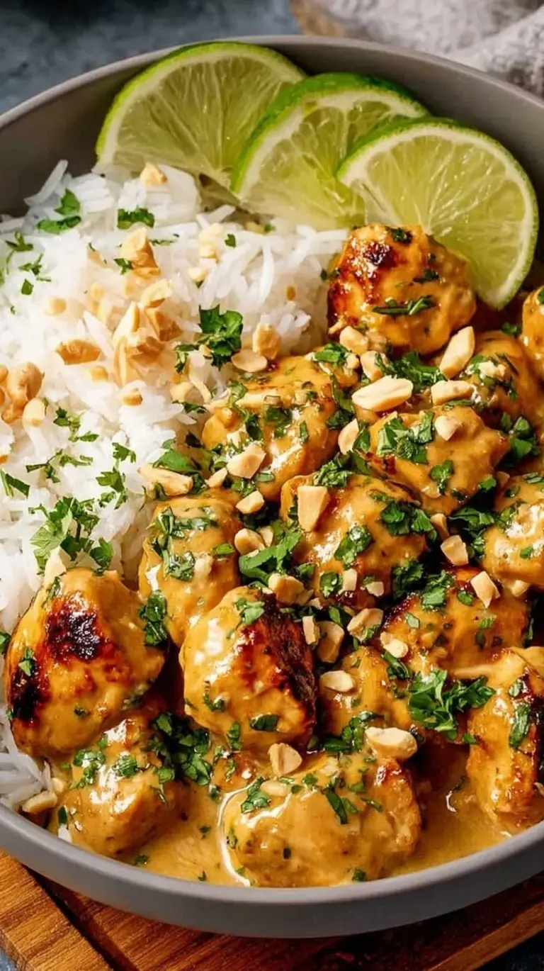 Creamy Thai Peanut Chicken with red bell peppers, cilantro, and crushed peanuts in a skillet.