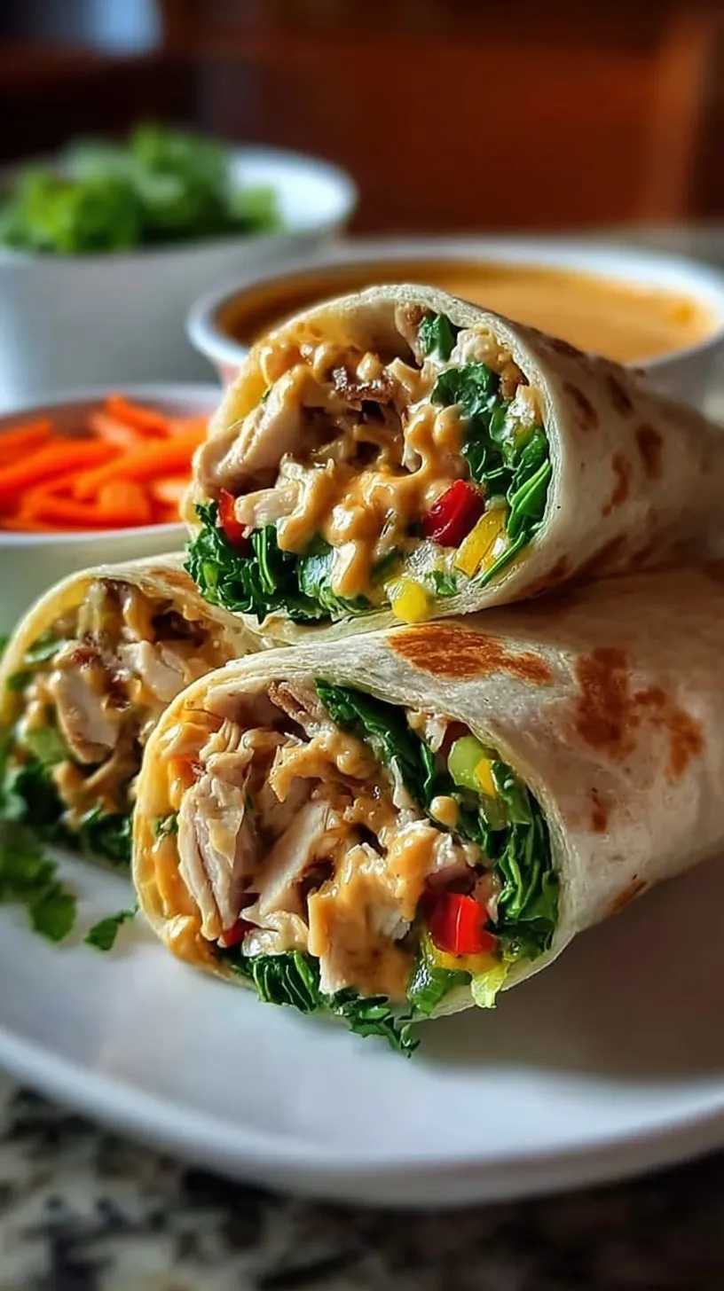 Healthy Thai Peanut Chicken Wrap sliced in half showing colorful vegetables and shredded chicken