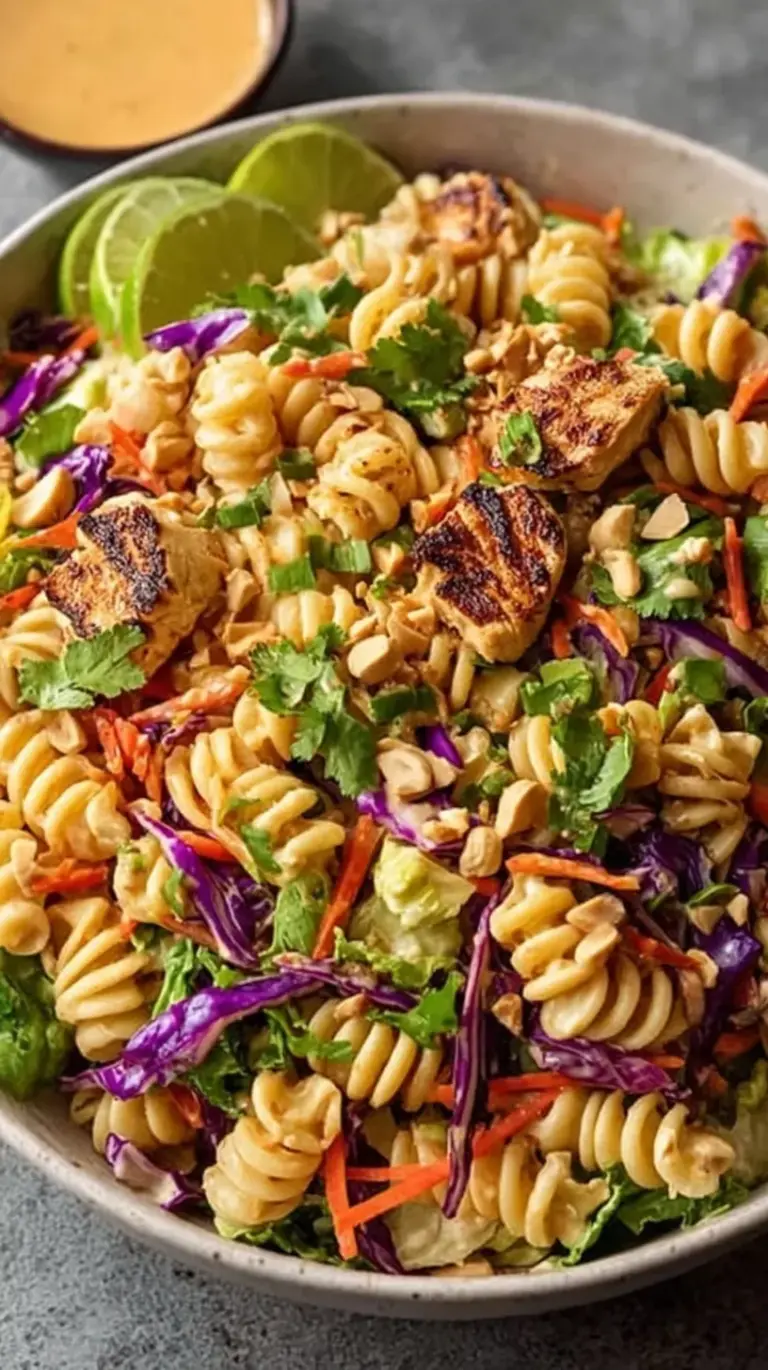 A colorful bowl of Thai Peanut Protein Pasta Salad with red cabbage, carrots, and peanuts