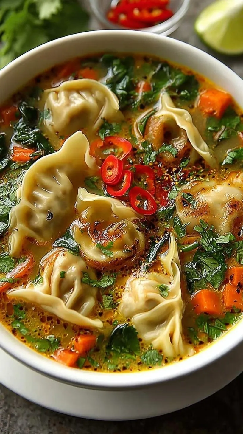 A bowl of creamy Thai Potsticker Soup with chicken, bok choy, and fresh cilantro