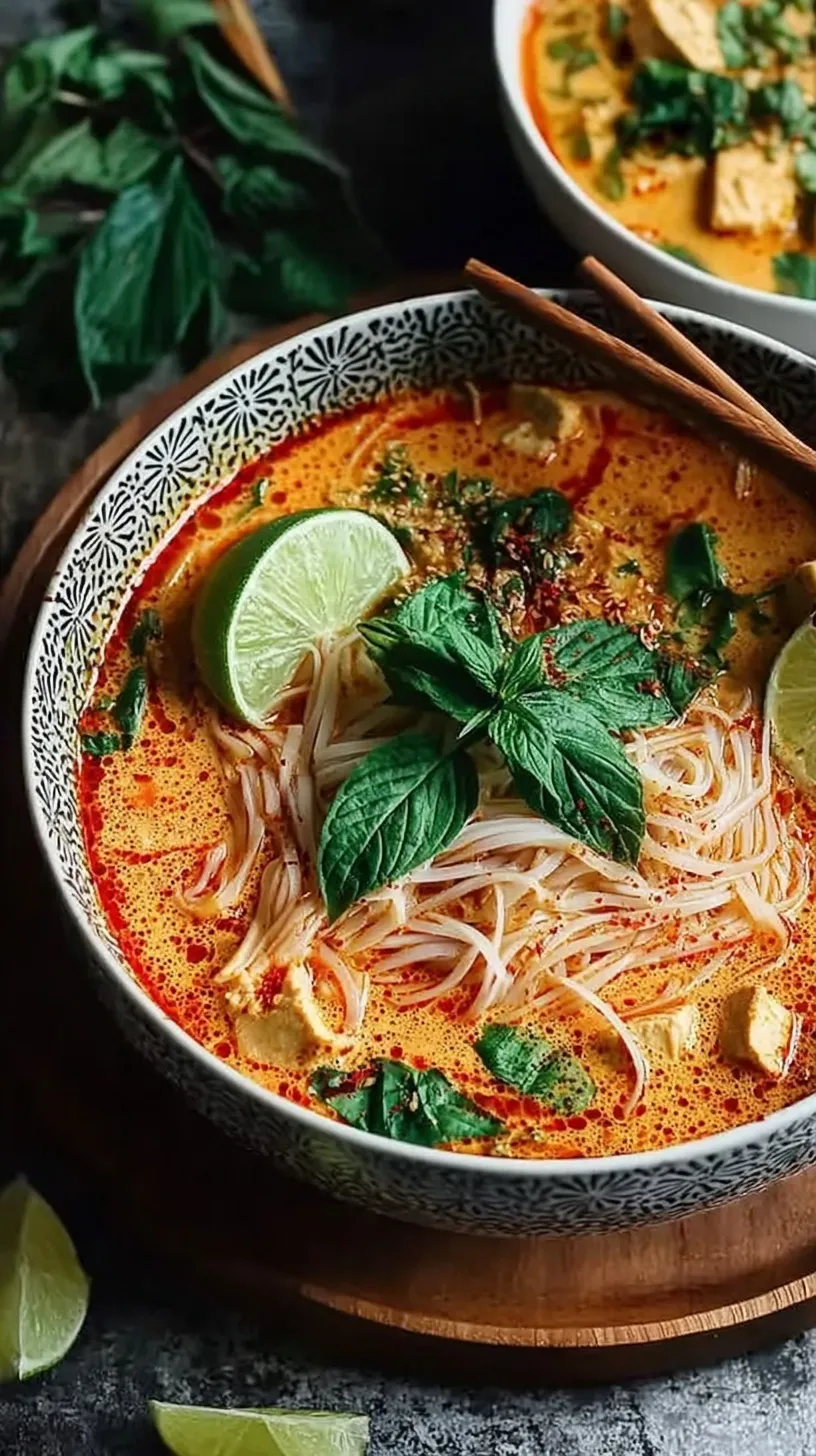 A steaming bowl of Thai Red Curry Noodle Soup with chicken, rice noodles, and fresh lime wedges.