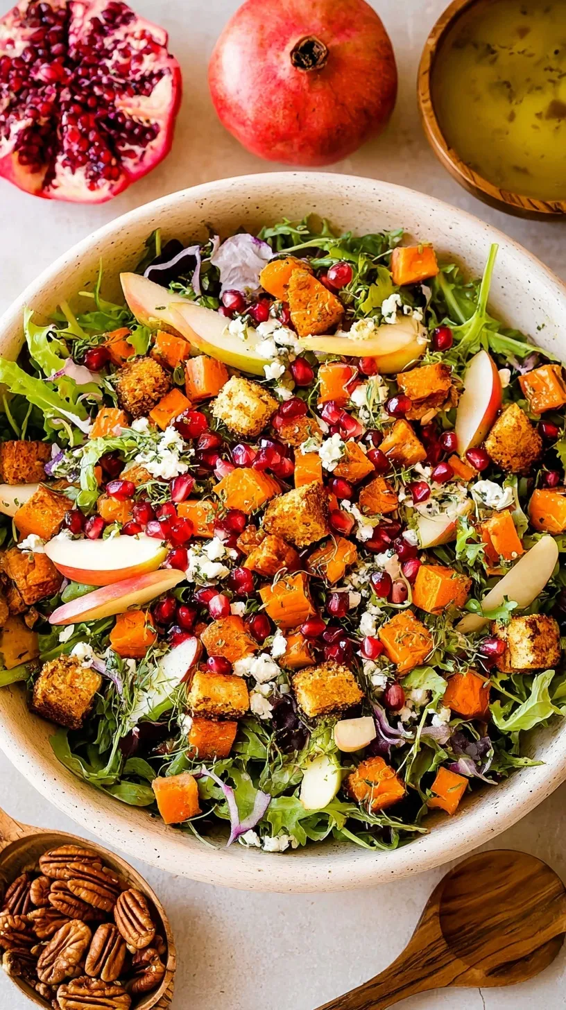 A vibrant Harvest Thanksgiving Salad in a large bowl with roasted squash, cranberries, and goat cheese.