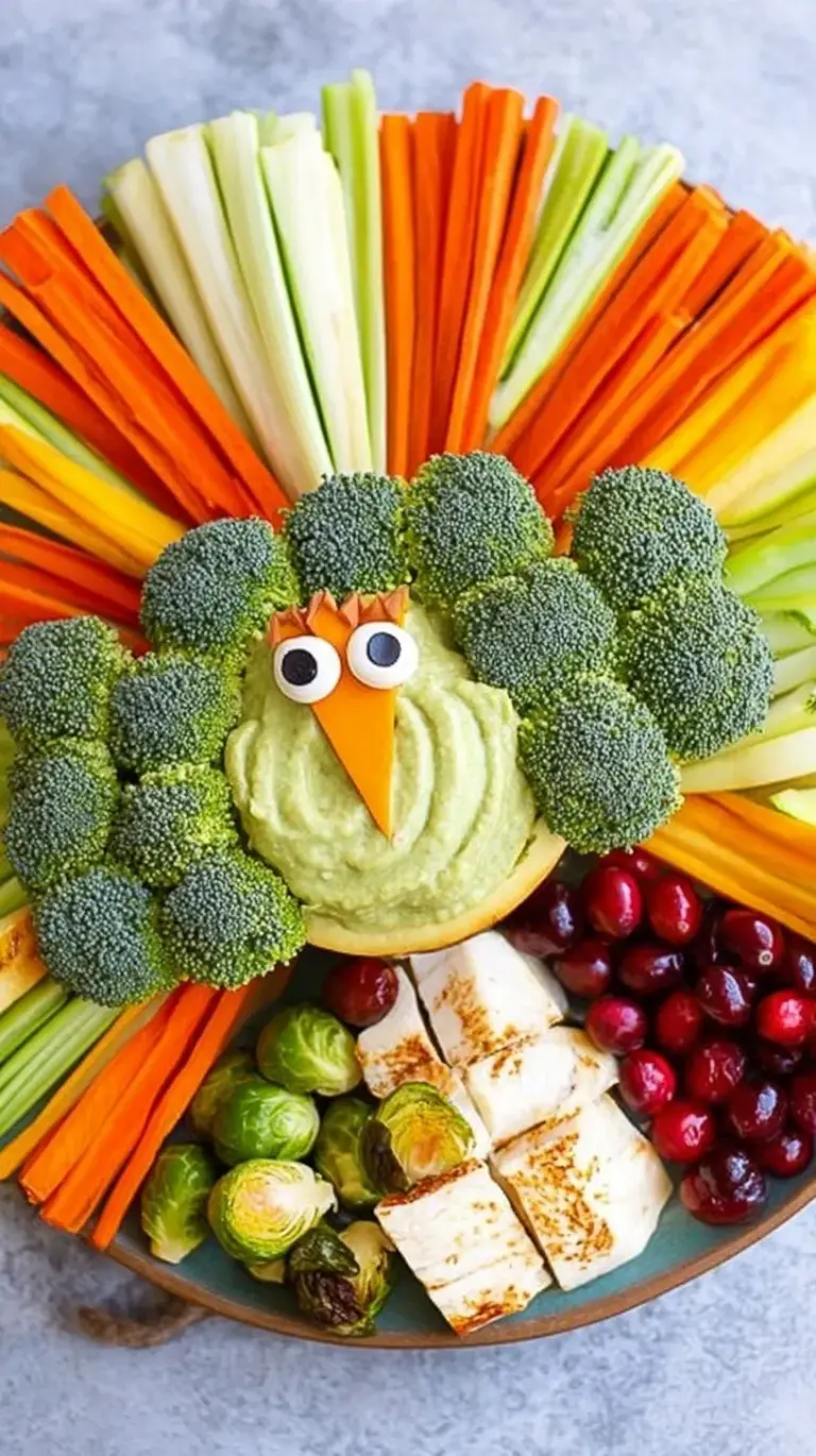 A colorful vegetable platter arranged in the shape of a turkey for Thanksgiving.