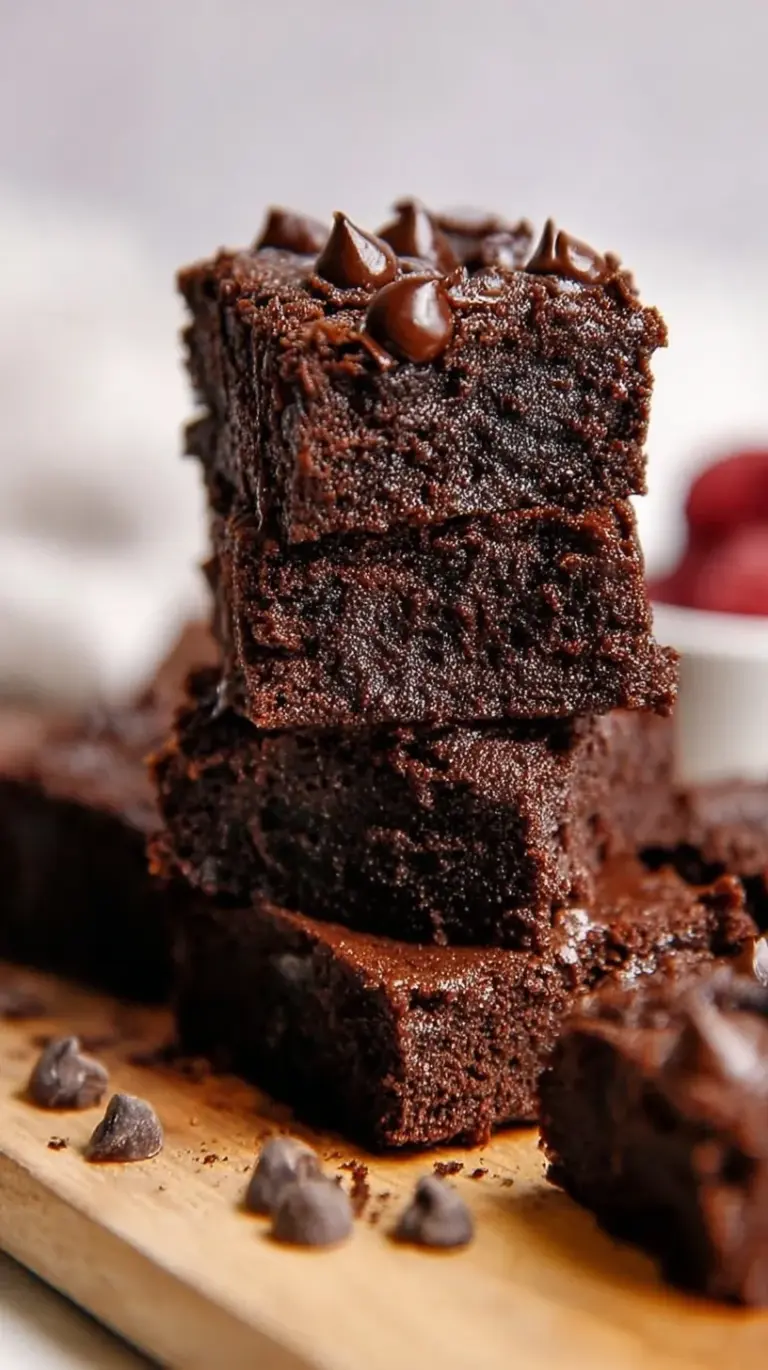 A stack of thick, fudgy chocolate protein brownies with mini chocolate chips on top.