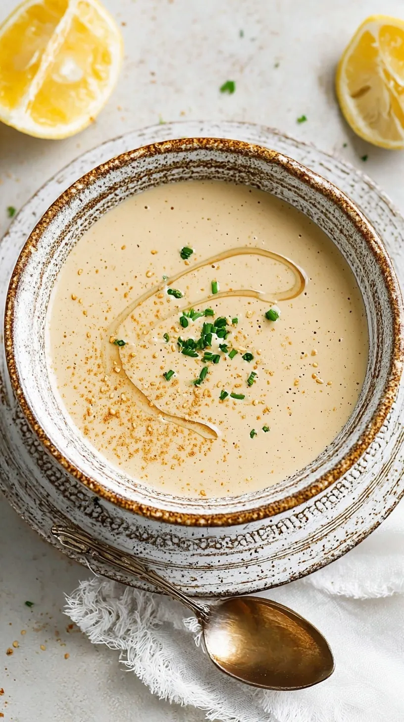 Creamy white tahini sauce being drizzled from a silver spoon into a small glass bowl