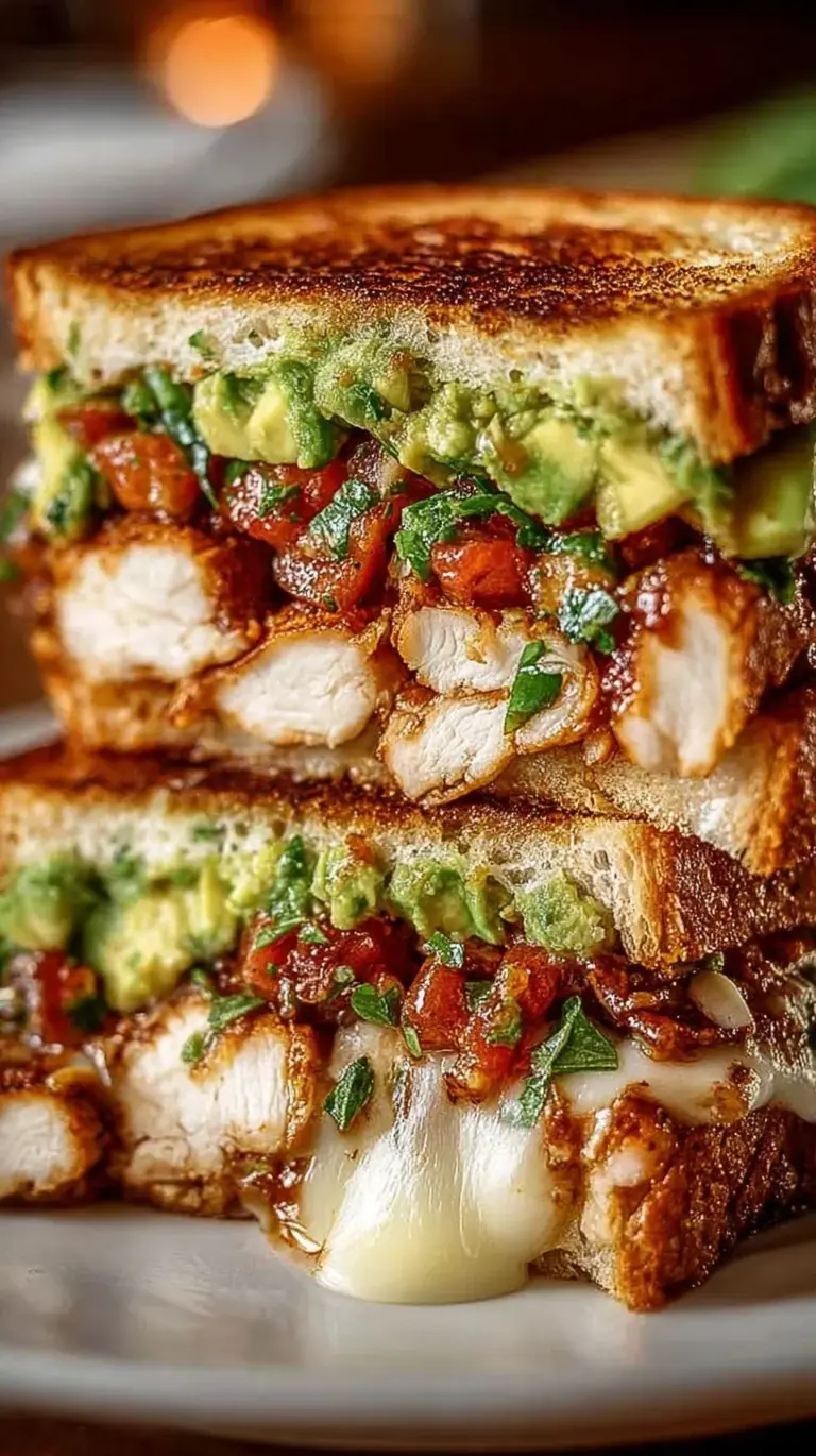 A gourmet loaded chicken avocado sandwich on toasted sourdough with melted cheese and crispy bacon