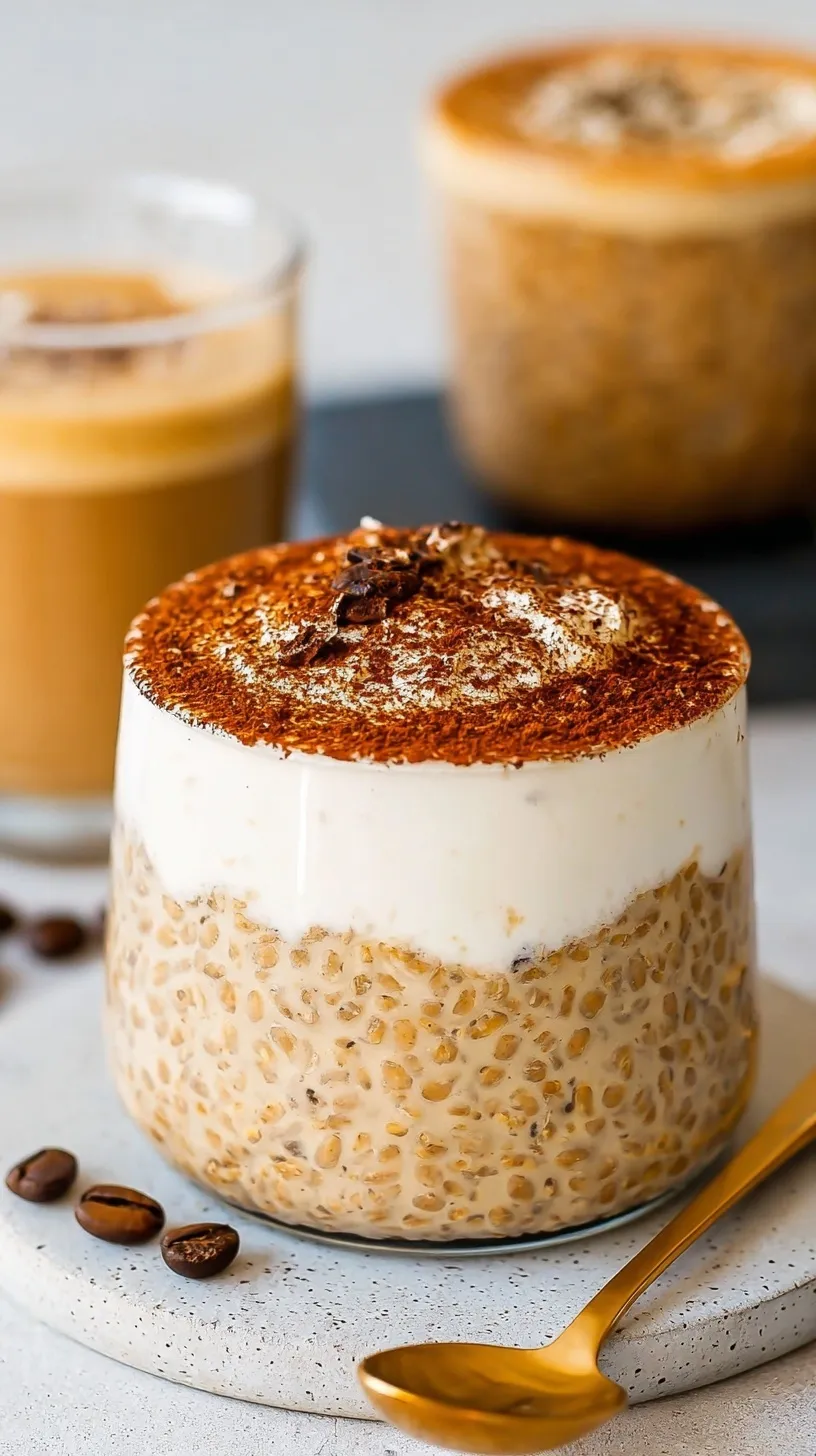 Two glass jars filled with espresso-soaked oats topped with a thick white cream layer and a dusting of cocoa powder