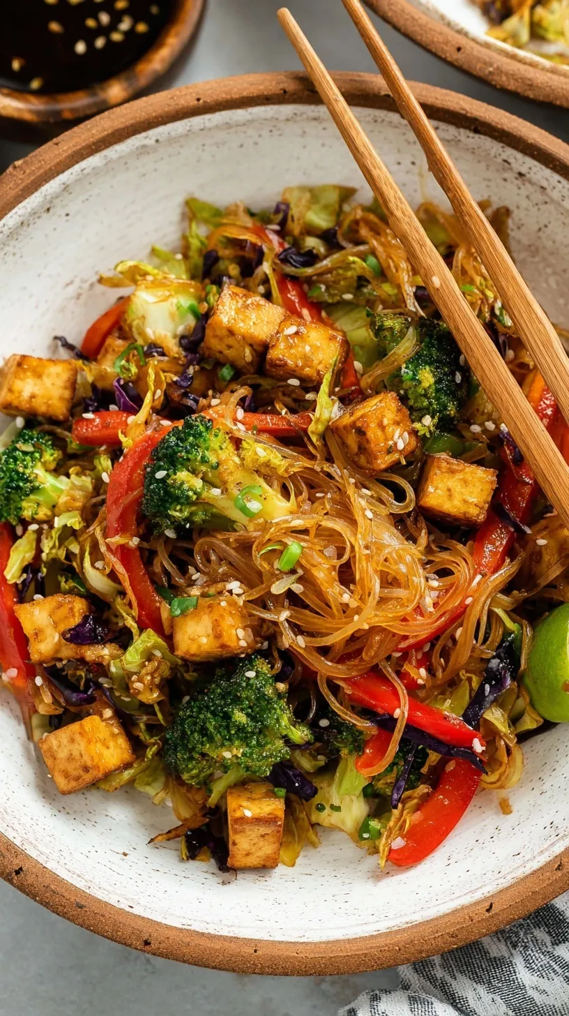 A steaming bowl of Tofu Cabbage Noodle Bowl with golden tofu and green onions