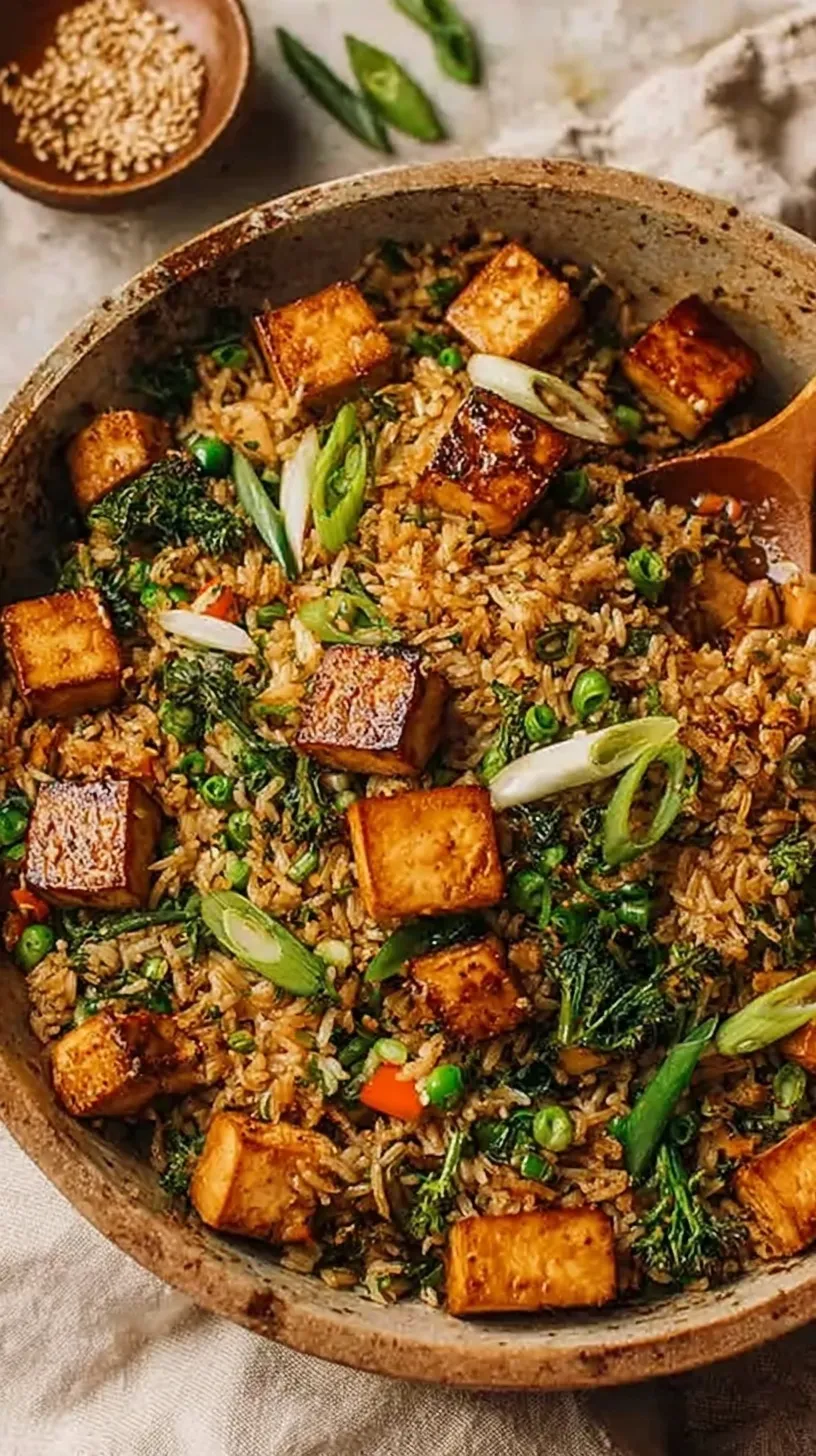 A steaming bowl of high-protein tofu fried rice with edamame and green onions