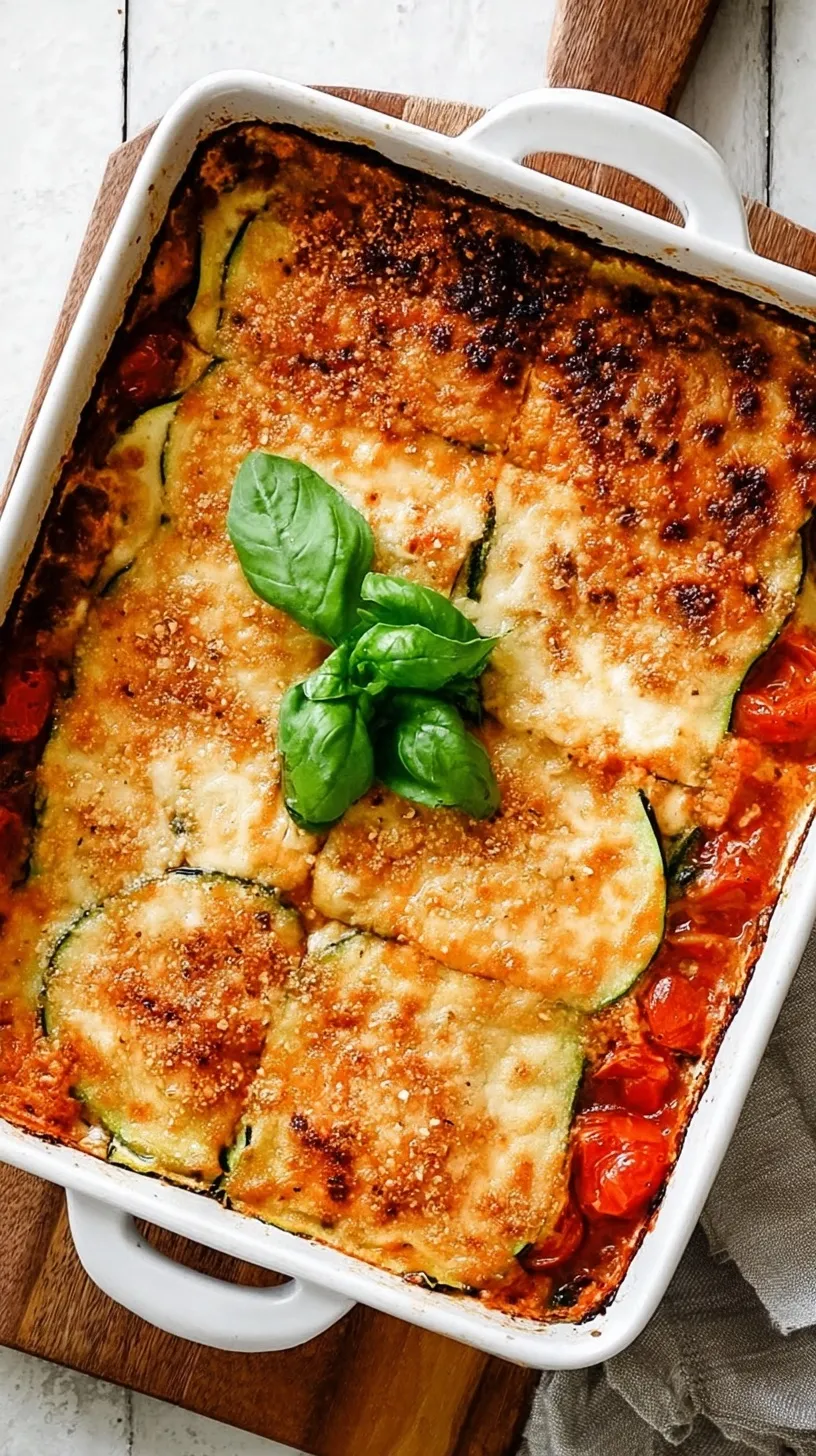 A bubbling dish of Tofu Lasagna with Zucchini Noodles topped with melted vegan cheese and fresh herbs.