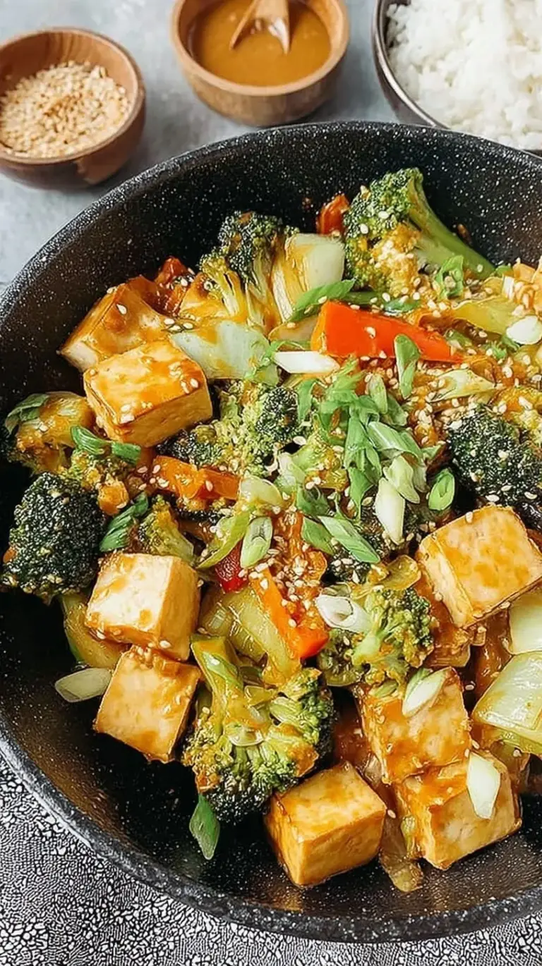 Golden brown crispy tofu cubes and fresh stir-fry vegetables coated in creamy peanut sauce