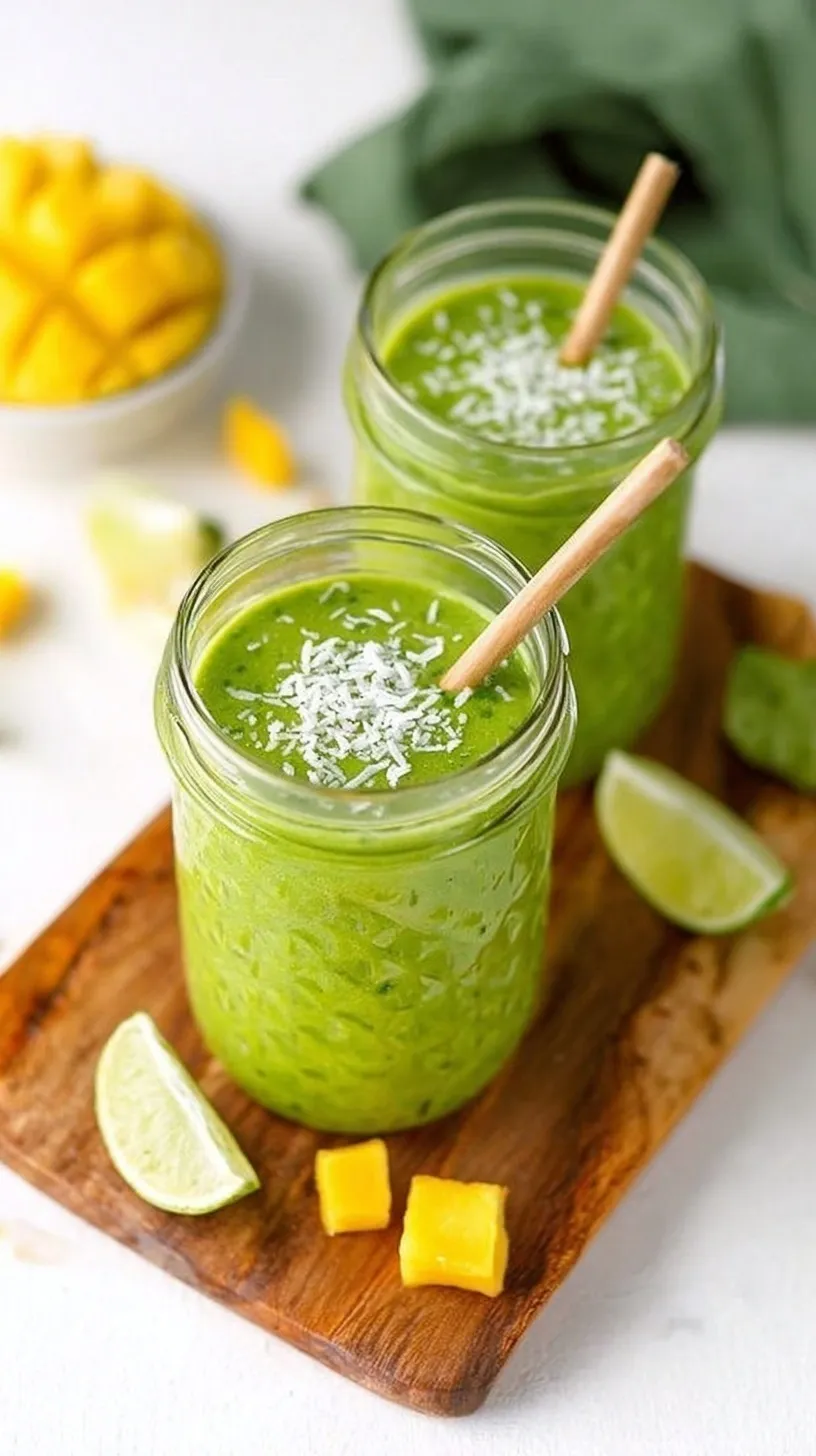 Close up of a vibrant green tropical smoothie in a glass with a straw.