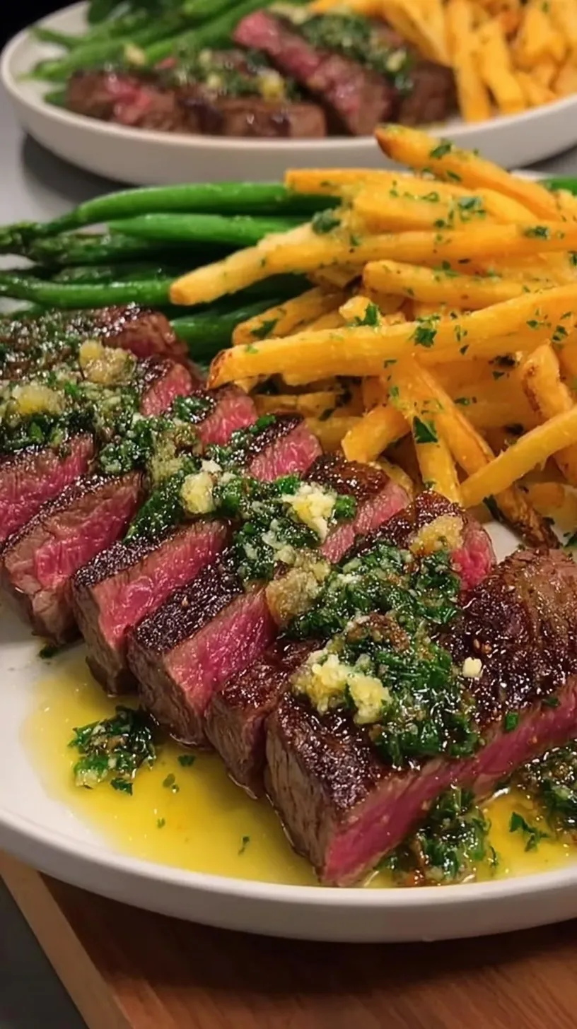 Pan-seared ribeye steak topped with melting truffle butter next to a pile of crispy chimichurri-tossed fries.