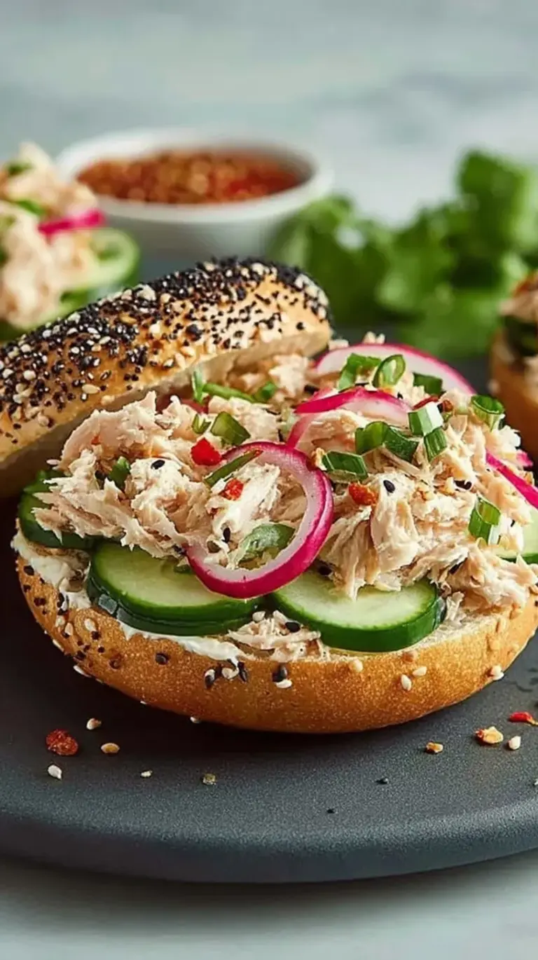 A toasted everything bagel sandwich filled with creamy tuna salad, fresh lettuce, and tomato slices.