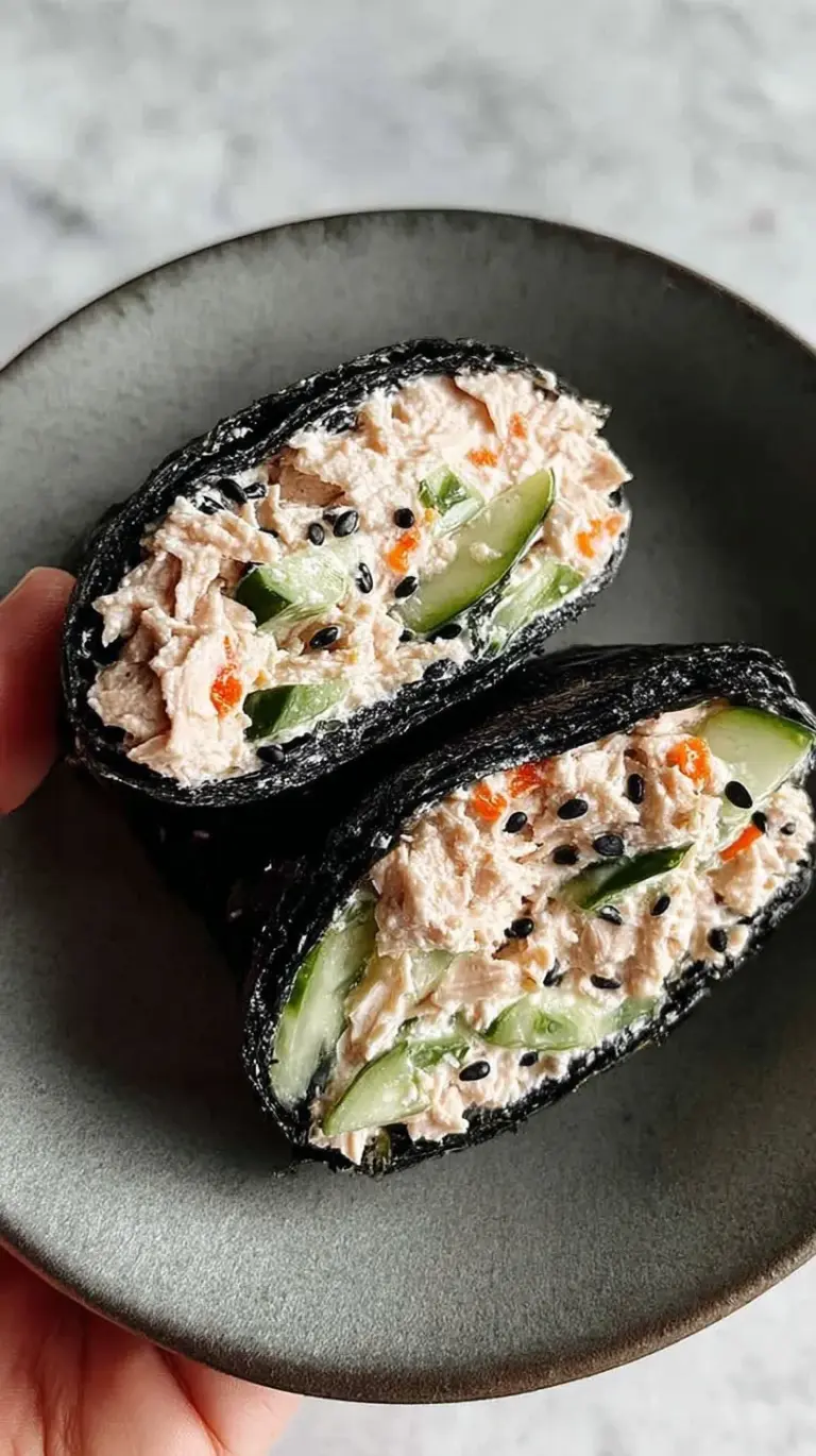 Fresh Tuna Salad Nori Wraps with avocado, cucumber, and microgreens on a white plate