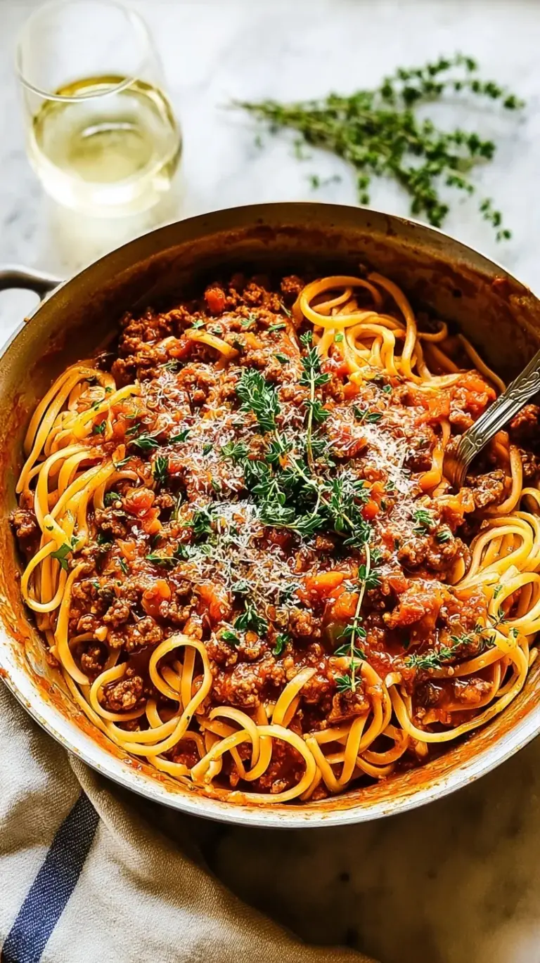 A bowl of pasta topped with thick turkey bolognese and parmesan cheese