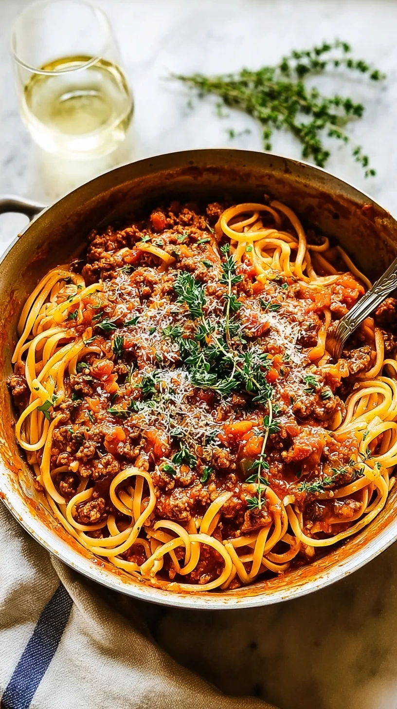 A bowl of pasta topped with thick turkey bolognese and parmesan cheese