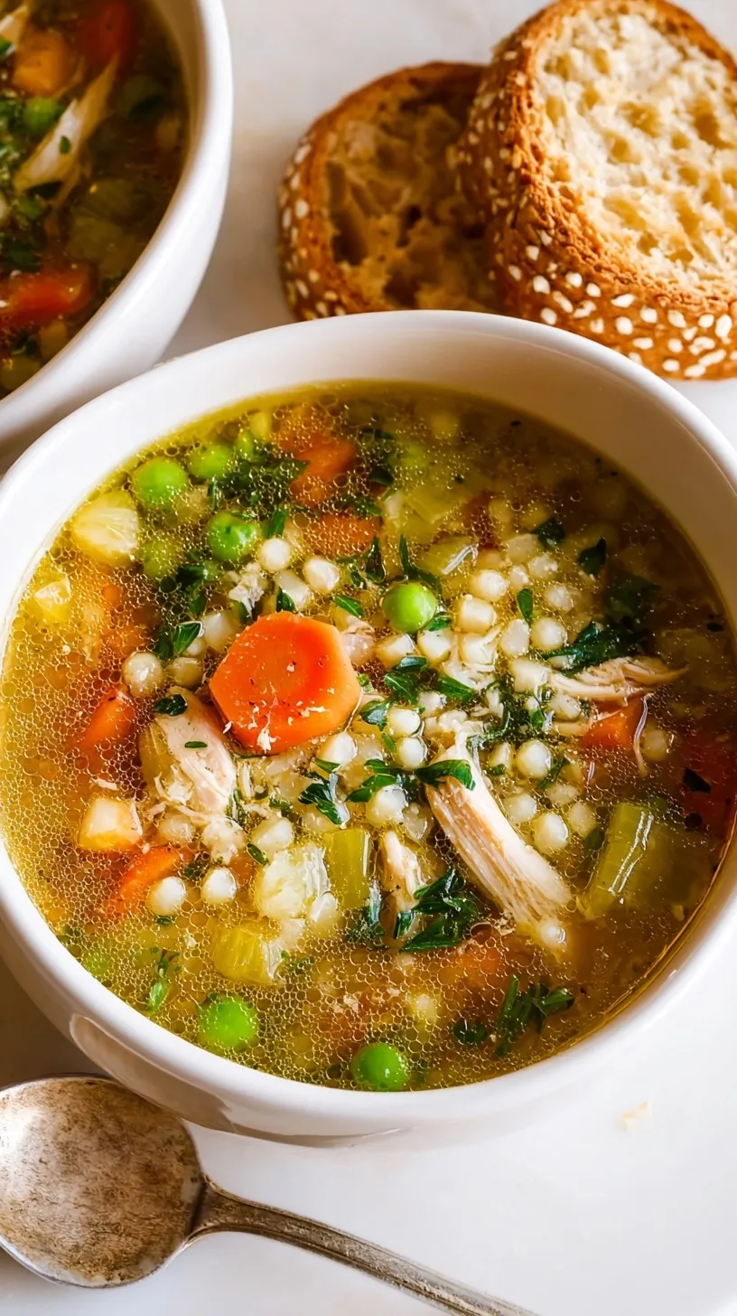 A steaming bowl of turkey noodle soup with carrots, celery, and wide egg noodles.