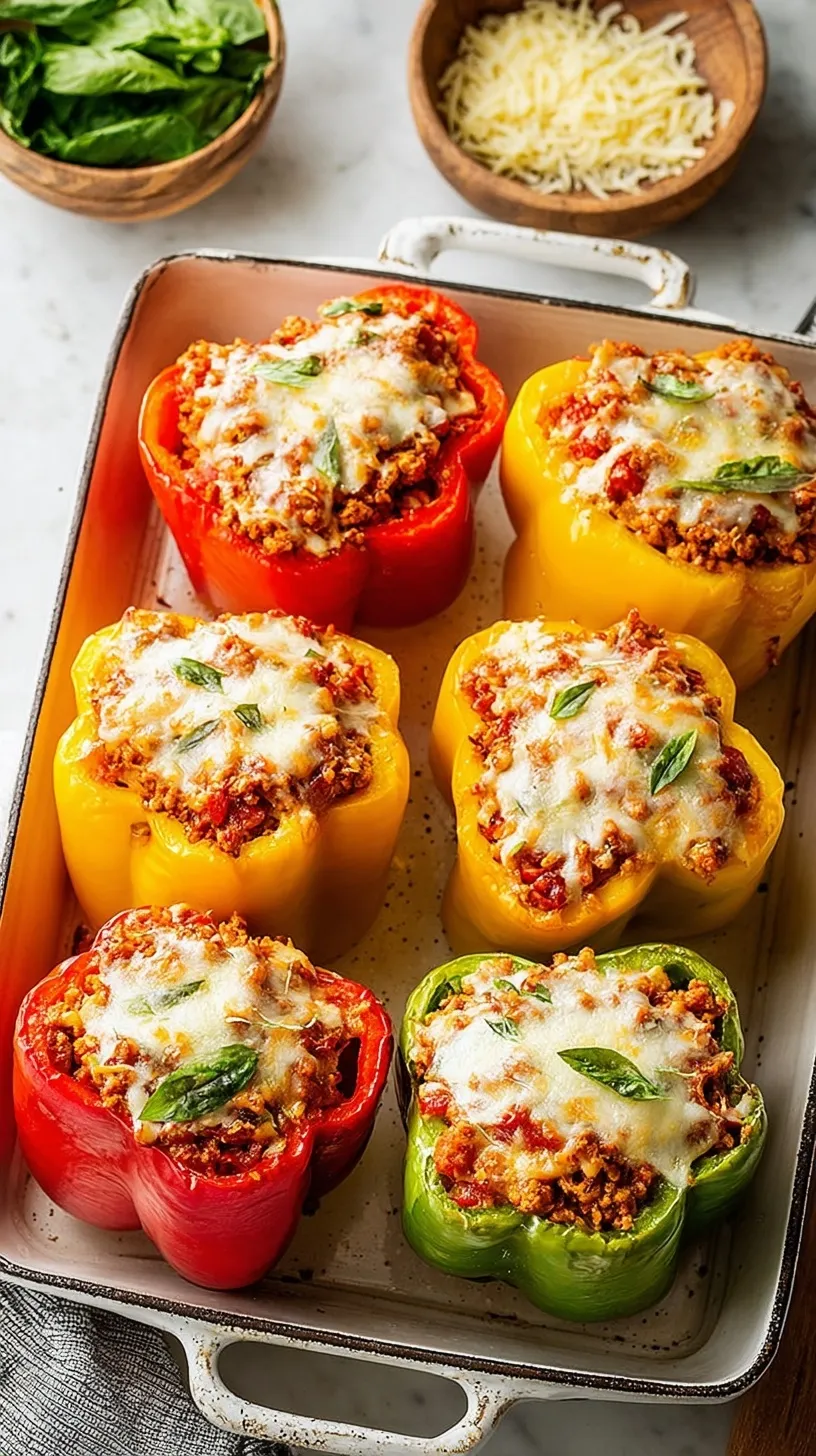 Four colorful bell peppers stuffed with ground turkey, rice, and melted mozzarella cheese in a baking dish