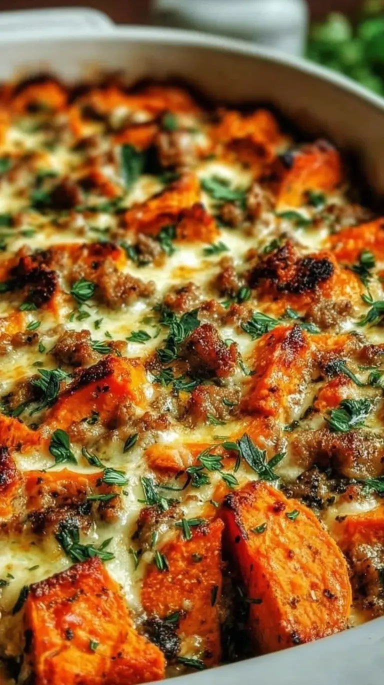 A golden-brown Turkey Sweet Potato Bake in a glass dish topped with melted cheese and fresh cilantro.