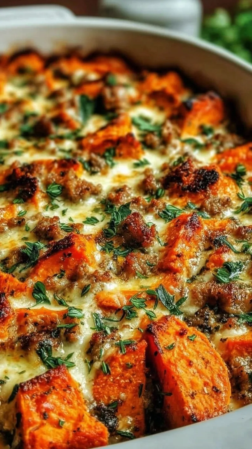A golden-brown Turkey Sweet Potato Bake in a glass dish topped with melted cheese and fresh cilantro.