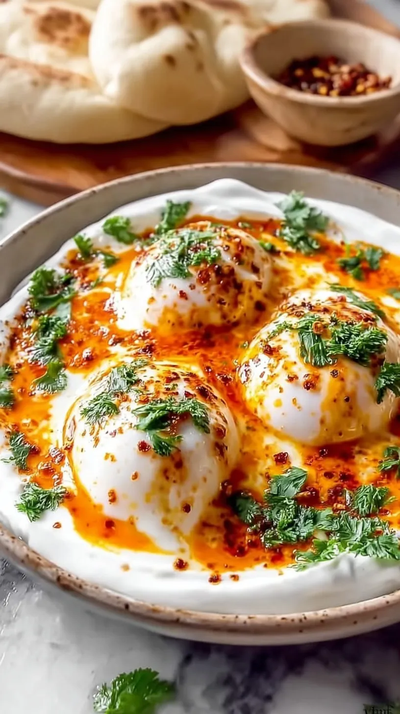 Poached eggs over creamy garlic yogurt with red pepper butter and fresh dill on a white plate.
