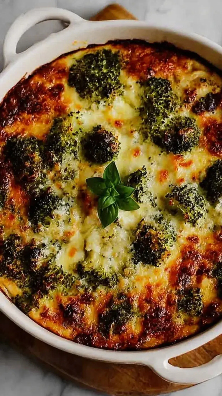 Golden bubbly mozzarella cheese over chicken and broccoli in a creamy sun-dried tomato sauce