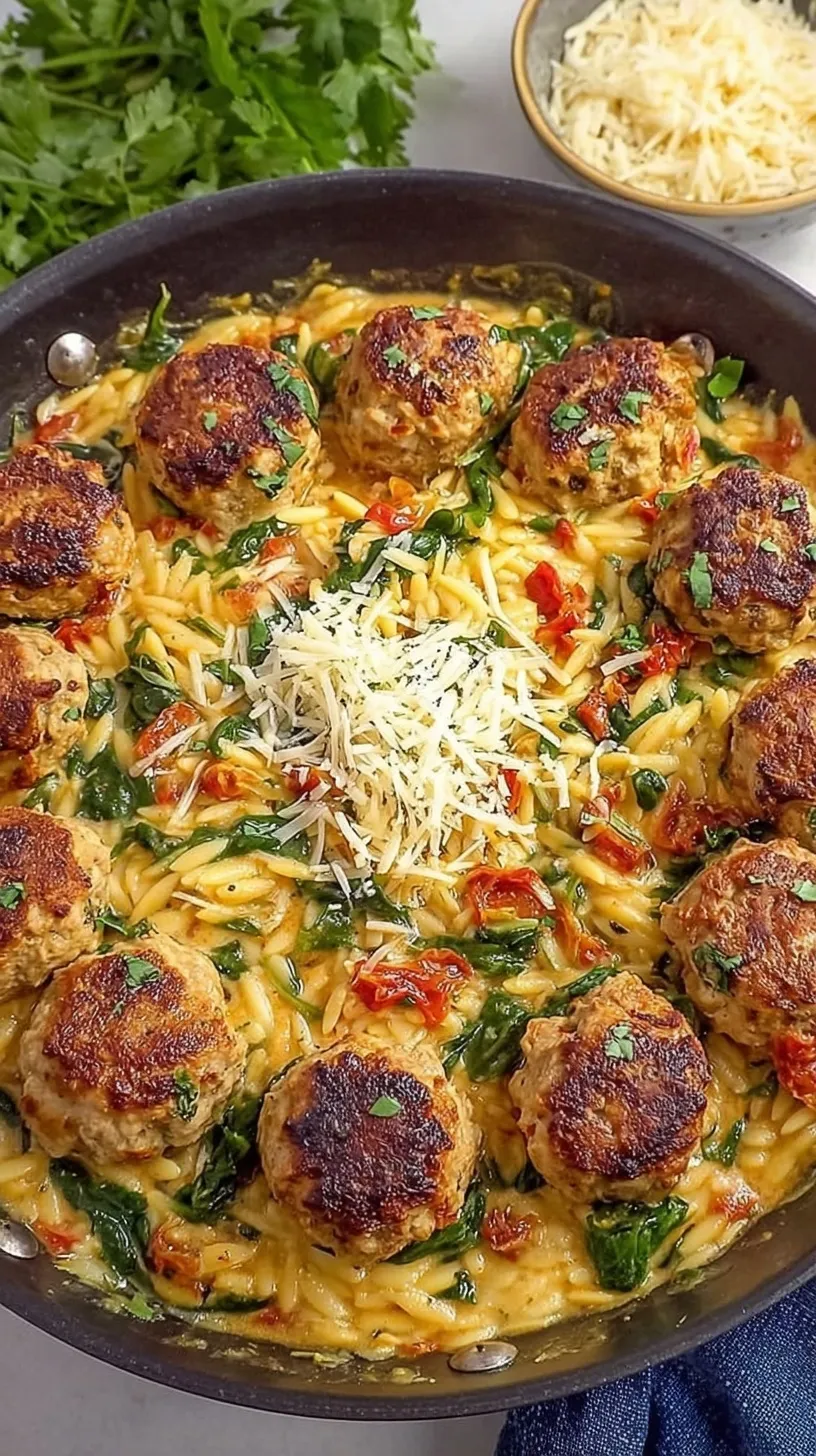 A skillet filled with golden chicken meatballs, creamy orzo, sun-dried tomatoes, and fresh spinach.