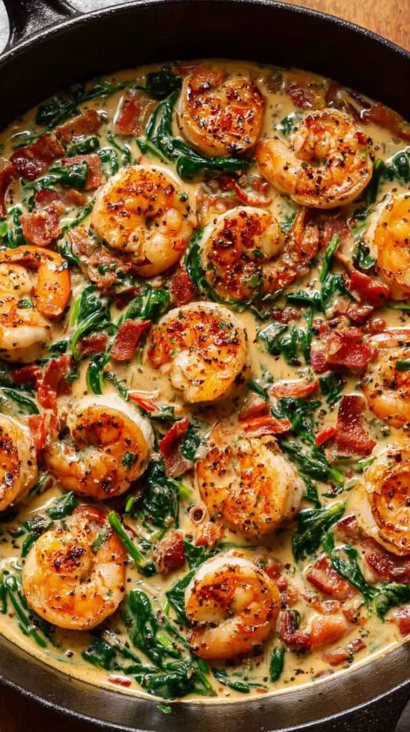 Large shrimp in a creamy garlic sauce with spinach and cherry tomatoes in a black skillet