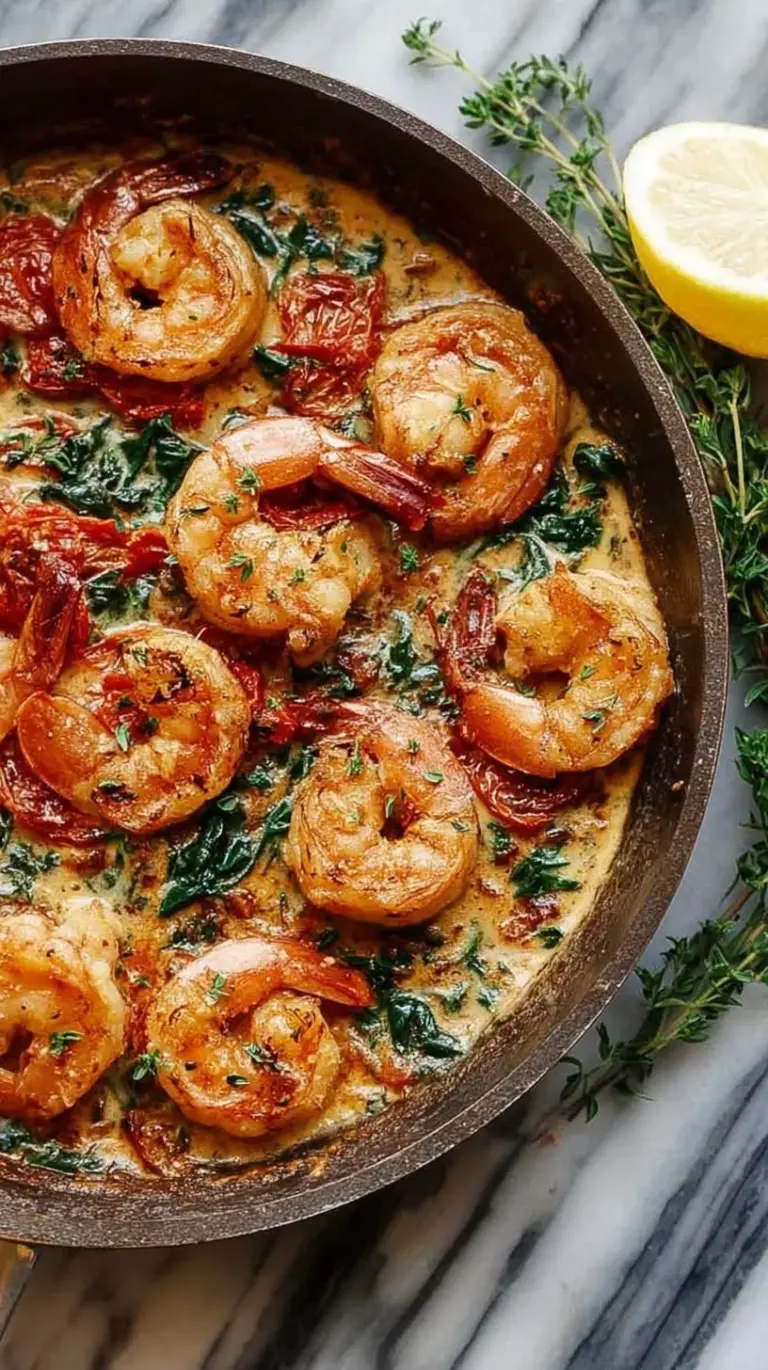 Skillet of creamy tuscan shrimp with sun-dried tomatoes and spinach
