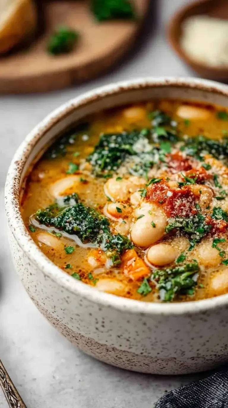 A steaming bowl of Tuscan white bean soup topped with grated Parmesan and fresh kale.