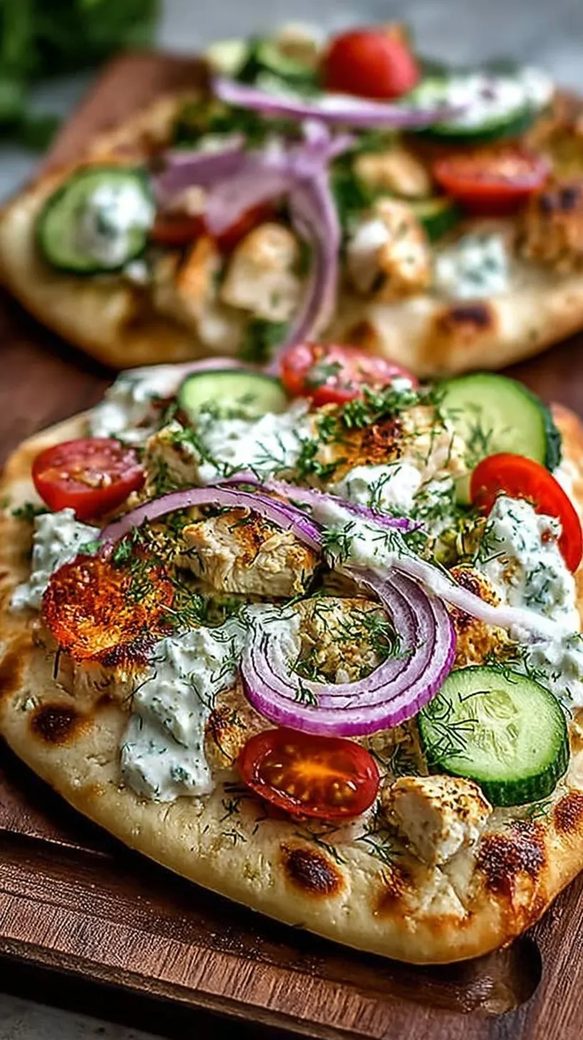Crispy naan pizza topped with chicken, tzatziki, tomatoes, and fresh cucumbers