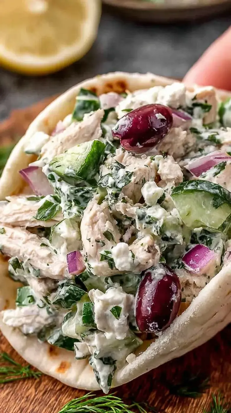 A bowl of creamy Tzatziki Chicken Salad with fresh dill and cucumber