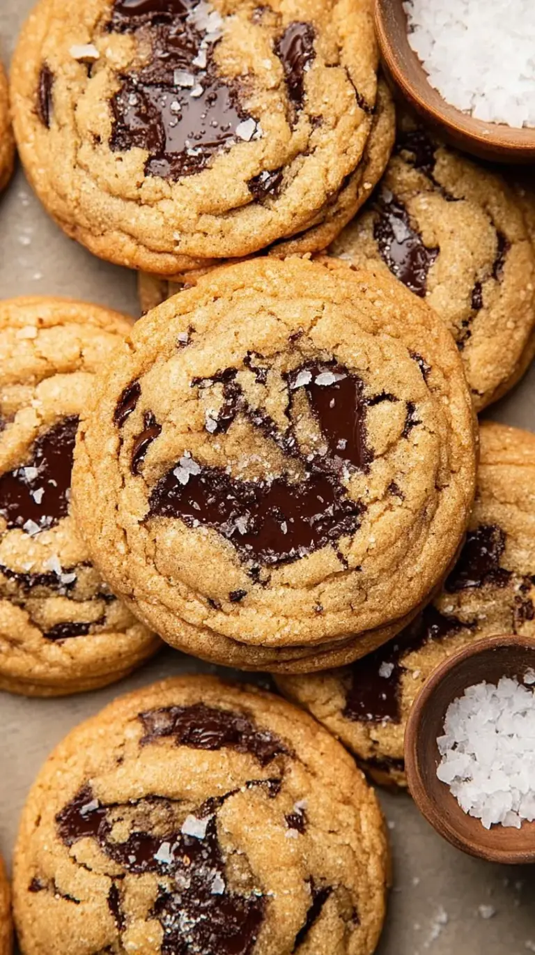 A stack of chewy brown butter chocolate chip cookies with melted chocolate puddles and flaky sea salt on top.
