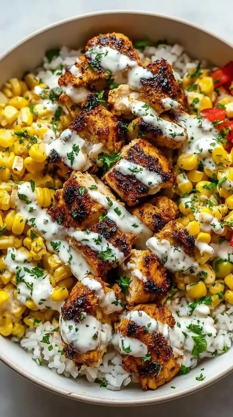 A vibrant bowl featuring charred street corn, spiced chicken, and avocado over rice.